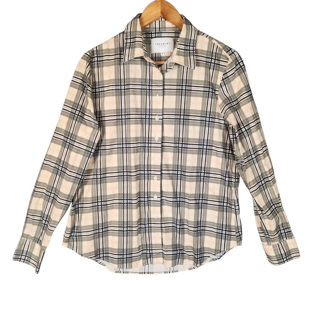 The Shirt Rochelle Behrens Button Down Women's XL Cream Plaid Cotton Long Sleeve